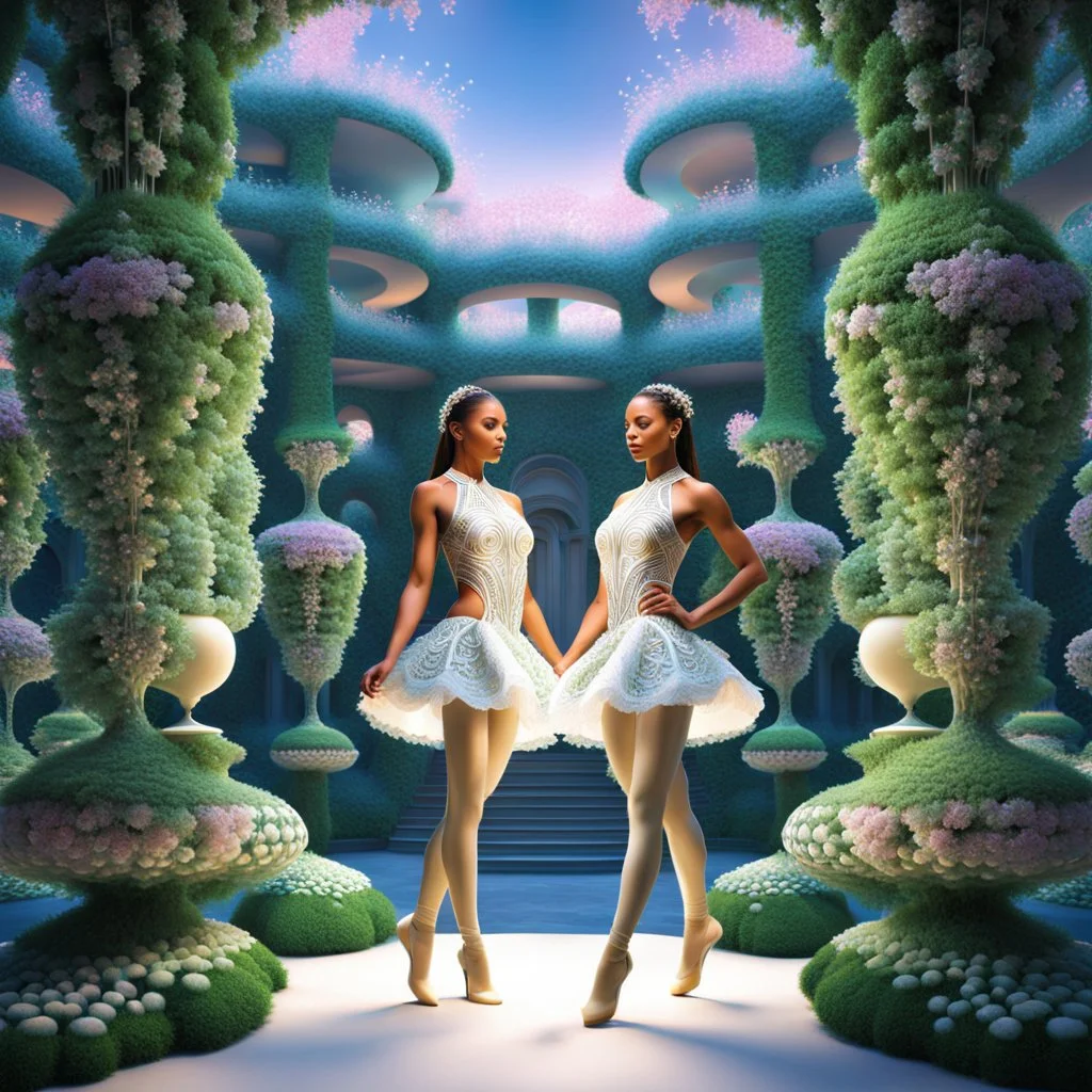 Here is a prompt for AI image generation to create an image of 3D fractal recursive art of dancer girls in a magical villa garden of the future: "3D fractal recursive art of dancer girls in a futuristic magical villa garden. Intricate, detailed, dreamlike, fantastical, surreal, volumetric, layered, geometric patterns. Ethereal, shimmering, otherworldly. Elegant, graceful dancers in motion, surrounded by lush, verdant vegetation, ornate architecture, and glowing, luminescent elements. Vibrant, s