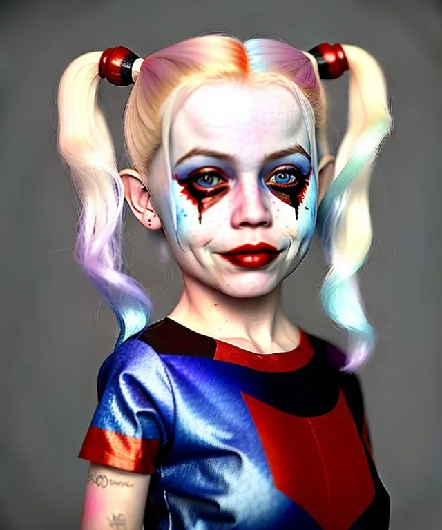 Harley quinn toddler, full body, soft skin, dramatic lighting, hyper realistic