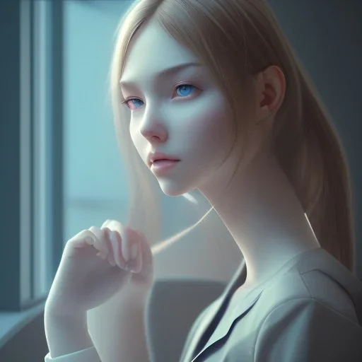 female student studying by the window, anime style,perfect face, cool face, ultra detail, unreal engine 5, cinema4d, sun light, studio lighting --ar 1:1 --v 4