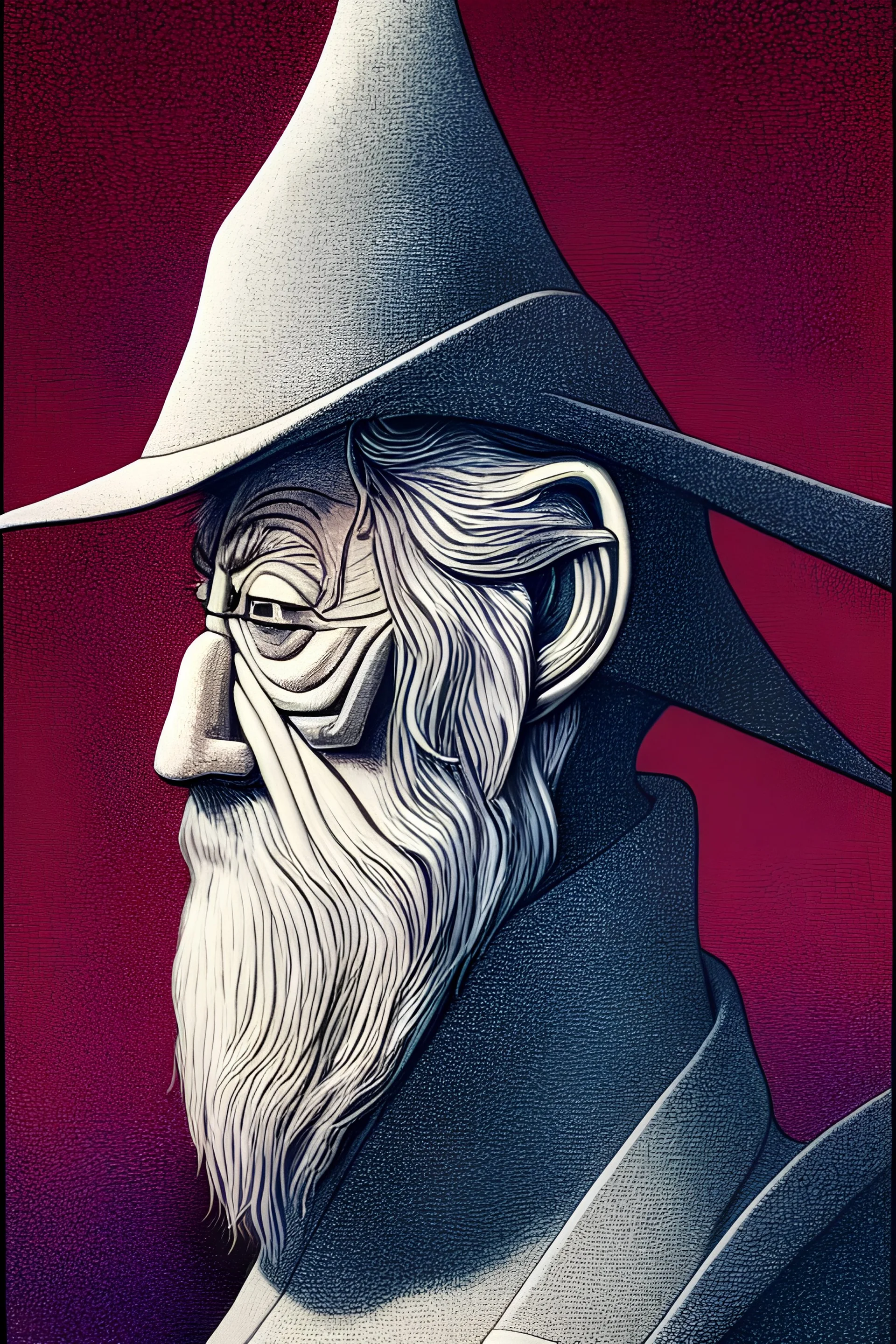 a vibrant ultraclear sideview waist up portrait of gandalf the robot by rene magritte and laurie greasley, etching by gustave dore, colorful flat surreal, ethereal, intricate, sharp focus, illustration, highly detailed, digital painting, concept art, masterpiece