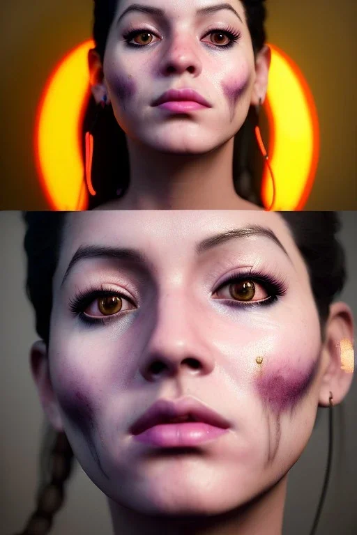 Realistic image, Rosalía artist, portrait, waist up portrait, pink black eye line, sweet, gold and pink geisha style, glow make up, led lights, neon, piercing nose, fog, rain, latex, vibrant color, highly detailed, art stations, concept art, smooth, unreal engine 5, god rays, ray tracing, RTX, lumen lighting, ultra detail, volumetric lighting, 3d, finely drawn, high definition, high resolution.