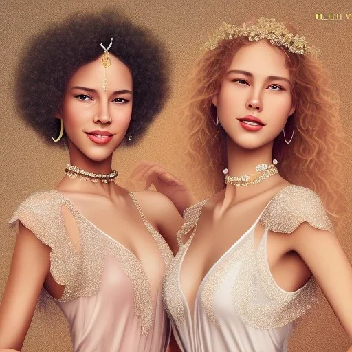 movie poster of two girls smiling with curly hair and crystal necklace,trying dress focus on upper body and face, ball background, bushy eyebrows