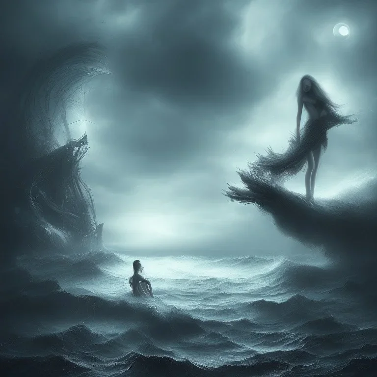 shore, dark, fog, moon, stormy, mermaid