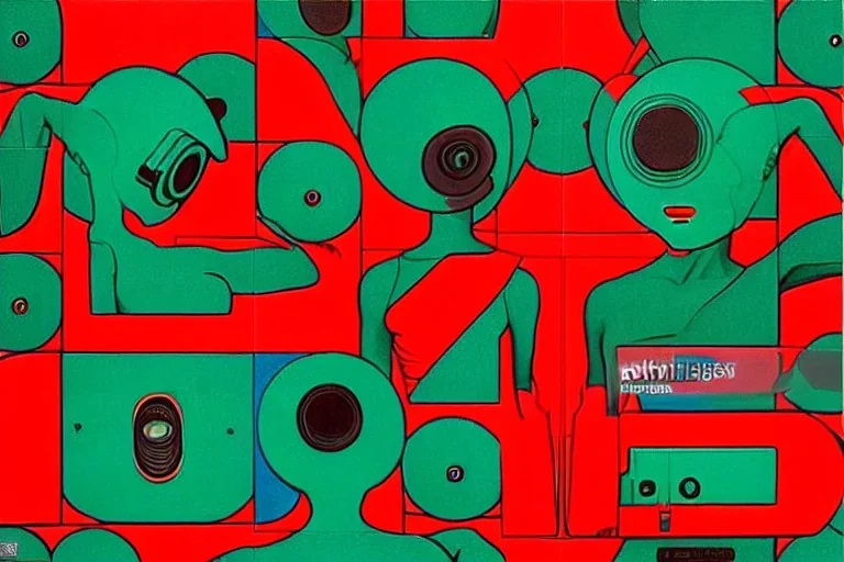 Dark green to cyan body color. Girls with slim body and big head. Old-fashioned cameras integrated to heads of the aliens. Noetherian rings, Cyber-punk. Surrealistic, no eyes. Red&blue 3D-tiling. Escher tiling background. Oppressive atmosphere. Soviet propaganda. Partly symmetrical in relation man. Perfect golden ratio in vertical and horizontal directions. Deep blue geometrical hexagon in 11th dimension. Tessellation in 6-dimensional space. Perspective derived from Krull's intersections