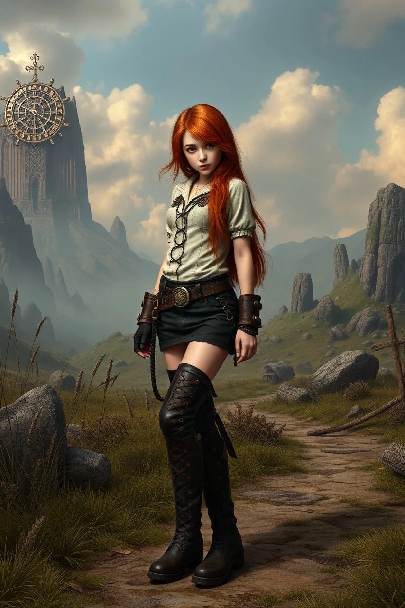 Photorealistic full-height photo of a skinny steampunk girl in boots with long, dark ginger hair in a fantasy landscape