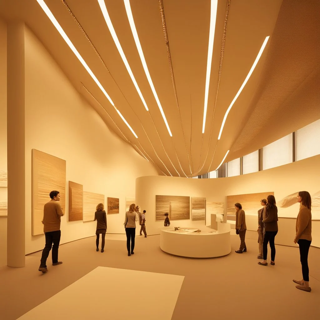 Museum design with “interactive exhibition halls”, natural lighting, modern style, earthy colours