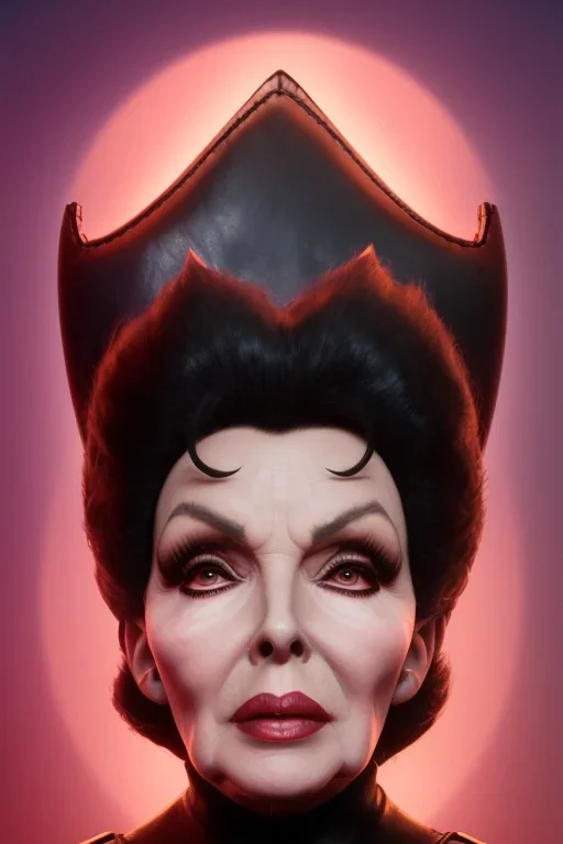 Joan Collins as evil queen in black leather, leather, busty, cleavage, angry, stern look. character design by cory loftis, fenghua zhong, ryohei hase, ismail inceoglu and ruan jia. unreal engine 5, artistic lighting, highly detailed, photorealistic, fantasy