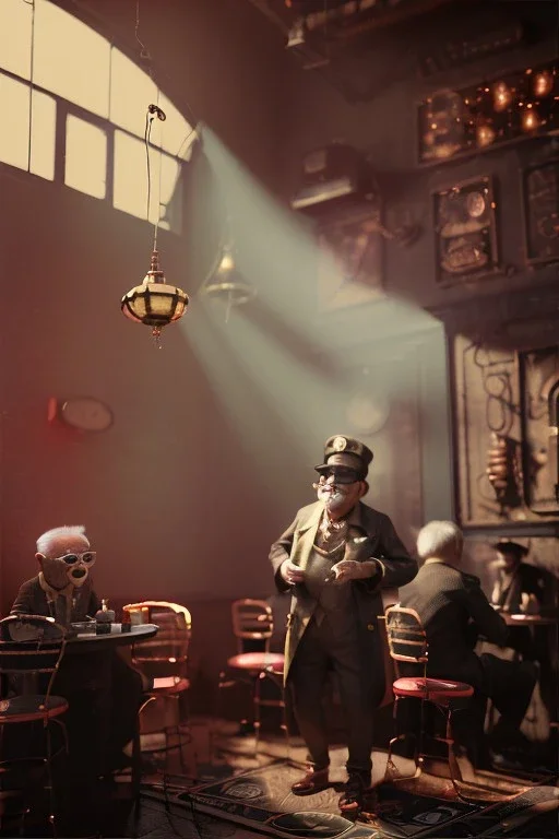 cabaret scene, steampunk. old Asian man + little monkey, Sunglasses, smoking, happy, hot. Many people background, highly detailed, concept art, unreal engine 5, god rays, ray tracing, RTX, lumen lighting, ultra detail, volumetric lighting, 3d, finely drawn, high definition, high resolution.