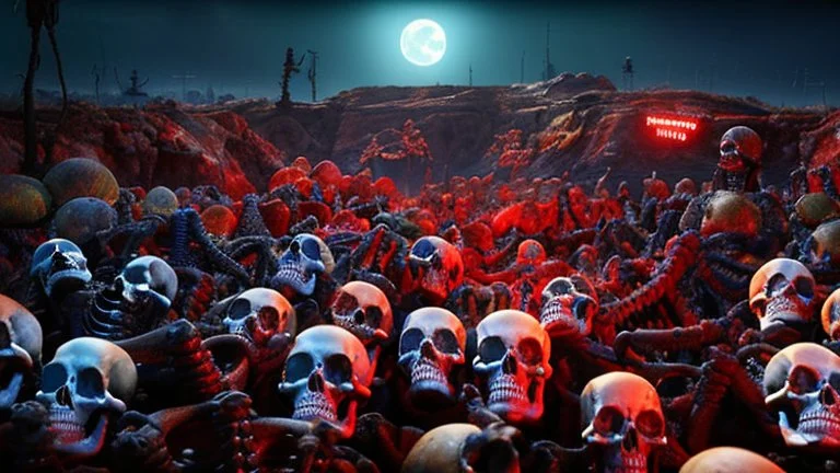 a picture of a dark, comedic, anatomically correct wall of colorful tightly packed stacked cyborg skulls of varying sizes and expressions, photo realistic, insanely meticulous, highly detailed, part of a collection of bones on display, 64k, dystopian, vray