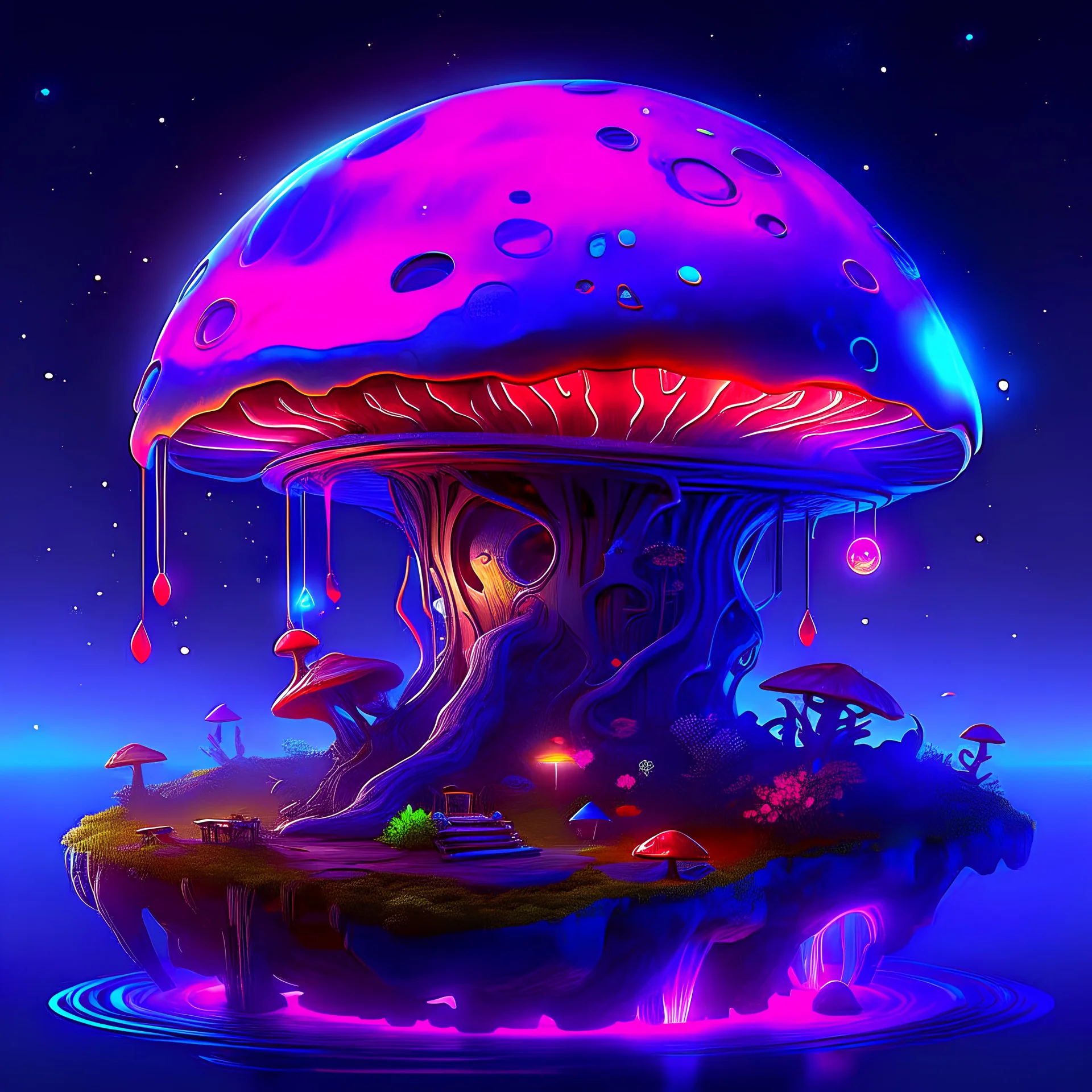 A floating island mushroom house in space. Blue purple red, deep space nebulas. Detailed gloss Painting, bright color, fantastical, intricate detail, splash screen, hyperdetailed, insane depth, concept art, 8k resolution, trending on Artstation, Unreal Engine 5, color depth, dynamic lighting, splash art, dramatic, High Quality wonderful beautiful Fun Imaginative, good composition