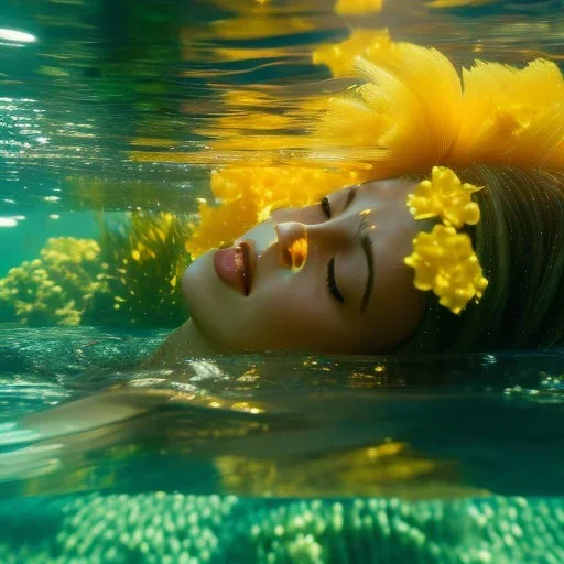 Goldie Hawn underwater with yellow flowers for hair, closed eyes, rtx, reflection, 8k, glow, winning photography, caustics