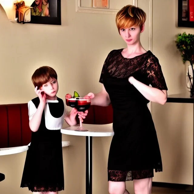 Russian guy young mommy boyish boylike short man's haircut boyish features in black girlish lacy cocktail dress as mother in restaurant