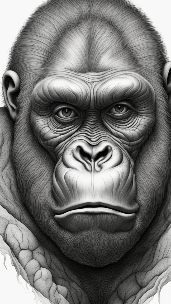 ππ§π€π’π₯π© highly detailed graphite illustration, A surreal gorilla face with exaggerated anatomical features, heavily wrinkled skin, and an intense, contemplative expression. bald head, thick eyebrows, long beard merge into swirling abstract shapes. Large, expressive hands, one covering the mouth and the other gripping the forehead tensely. Mysterious, introspective, dreamlike, somewhat dark fantasy. #ππ§πart #prompt