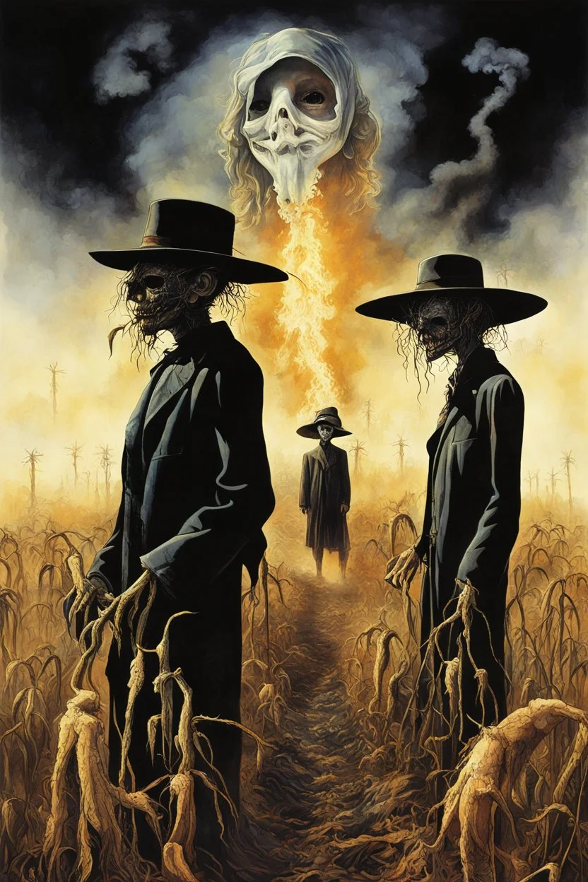 Modern horror Movie poster for text "BLACK LUNG HAY FEVER" by Drew Struzan, author text "S.E. CASEY", small dusty midwester farm town set barren field afire to exorcise the spirits of two sinister scarecrows whose profiles can be seen in the distance in an X shape, eerie, uncanny, ghastly surreal horror, digital collage art. photo layering effect, dramatic.