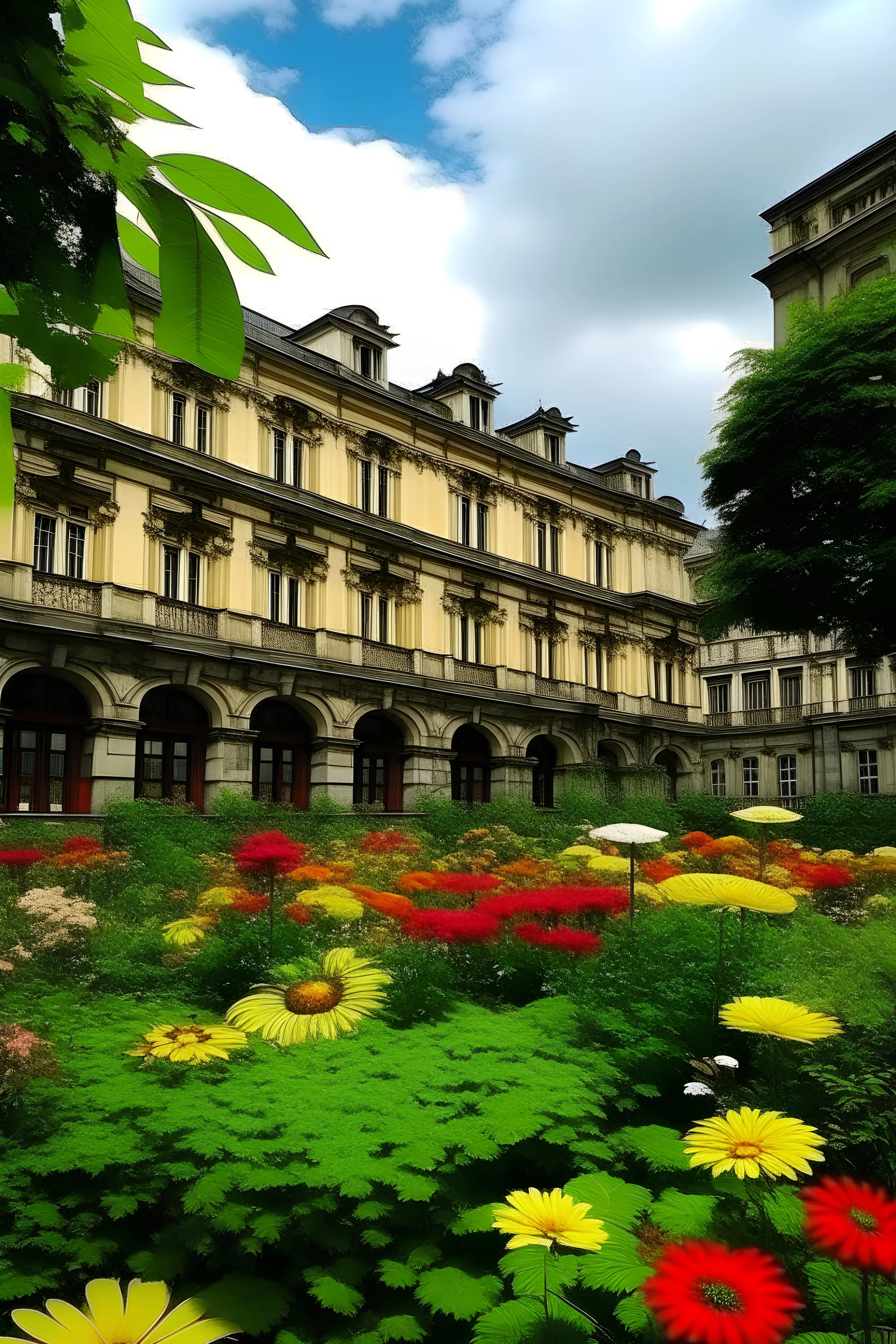 it is calm and peaceful, full of flowers and plants, and there are many beautiful buildings.