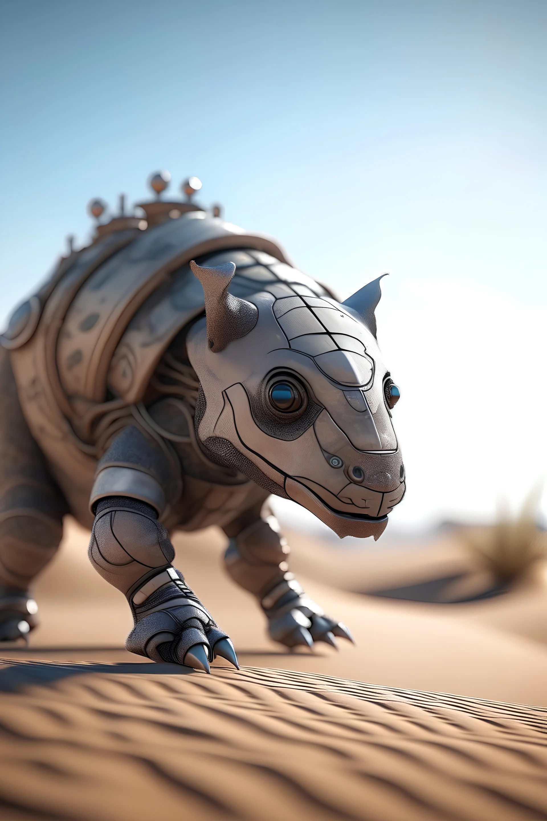 photo of an extremely cute large alien animal similar to a rhino with a carapace articulated at the back of the animal, walking across the dunes of a desert, dream-like atmosphere, nature, no text, blur