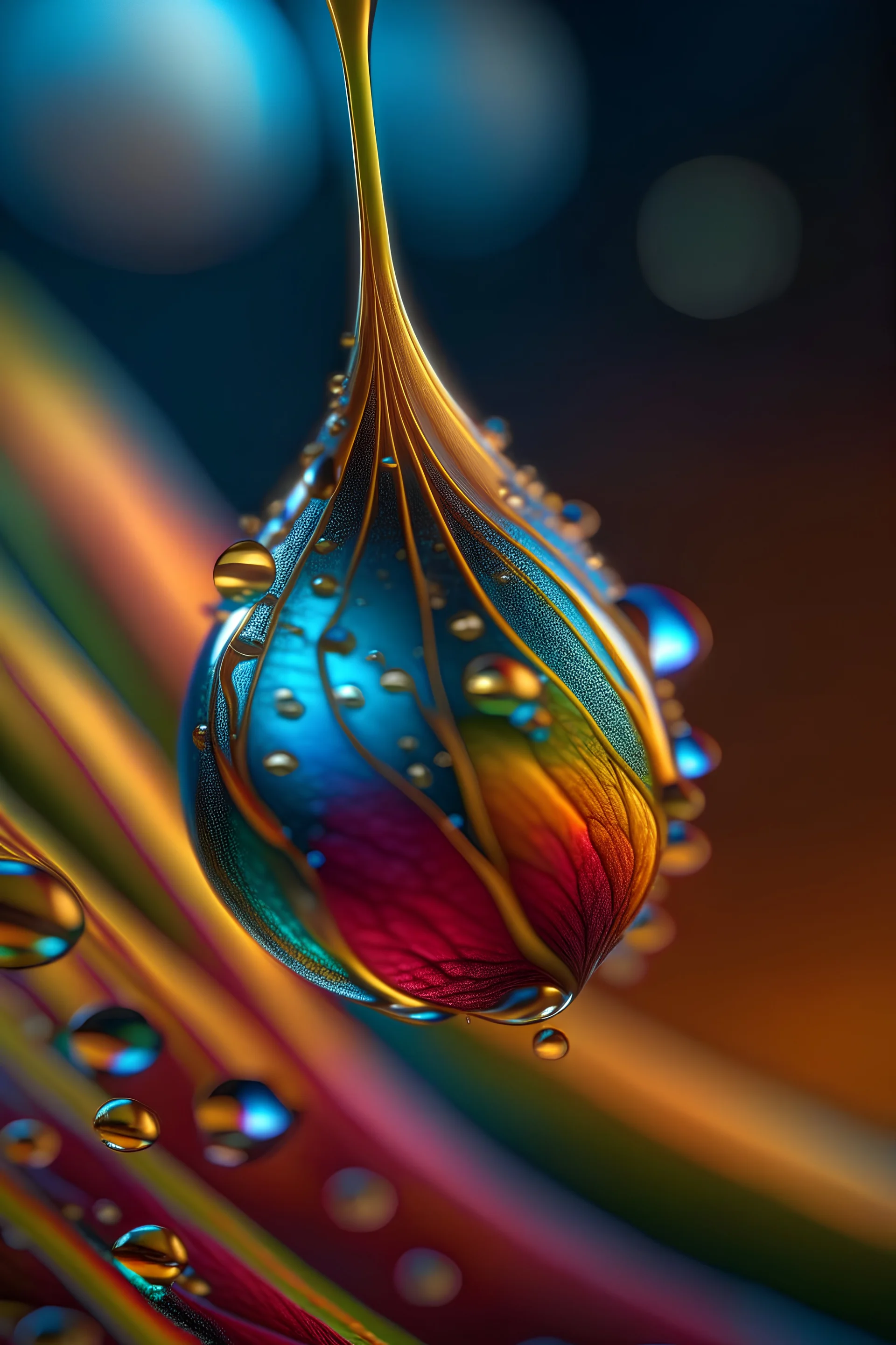 extremely magnified close-up of a dew drop with a lightning strike inside, 8K 3D, octane render, photorealistic, colorful, triadic colors, award winning, crisp quality, double exposure surrealism, soft focus, beautiful, cinematic post-processing, volumetric lighting, dynamic lighting, masterpiece, hyperdetailed, ultrarealistic, ethereal, meticulous, radiant, polished, twilight, light dust, iridescent