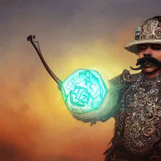 Insanely detailed photograph of an “ a mustachioed mariachi focusing on a glowing D20” with intricately detailed Sombrero, intricate armored charo,cigar,crossbow in hand, hyperdetailed painting by Ismail Inceoglu Huang Guangjian and Dan Witz CGSociety ZBrush Central fantasy art album cover art,8K, hdr, mysterious, flickeringlights ,Stoic