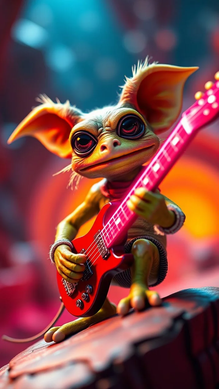 a muppet show gekko gremlin rock star with space lazer guitar in the style of Escher, bokeh like f/0.8, tilt-shift lens 8k, high detail, smooth render, down-light, unreal engine, prize winning