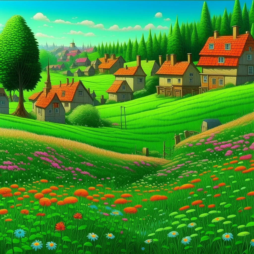 A green grassy town with flowers painted by Frank Wilson