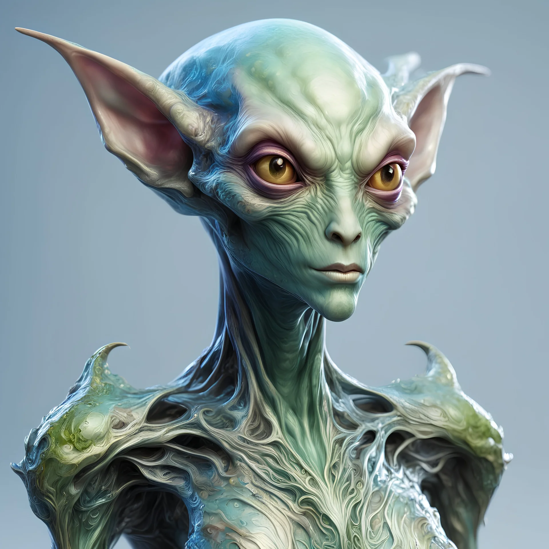 Full body alienígena elfo antropomorfico humanoide con arte ilustración impresionista calidad ultra hiperdetallado intrincado maximalista 12k