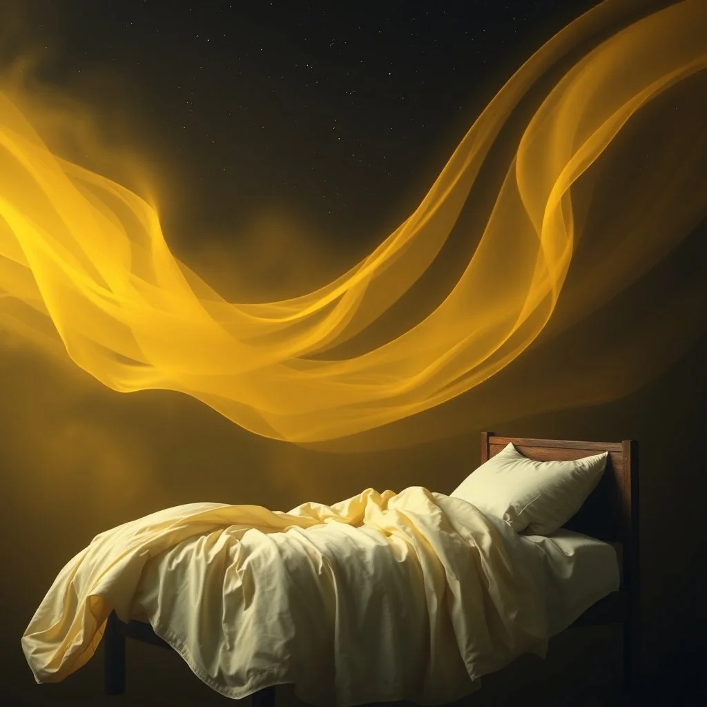 a bed flying through a dark yellow sky, golden mist, flowing fabric, night