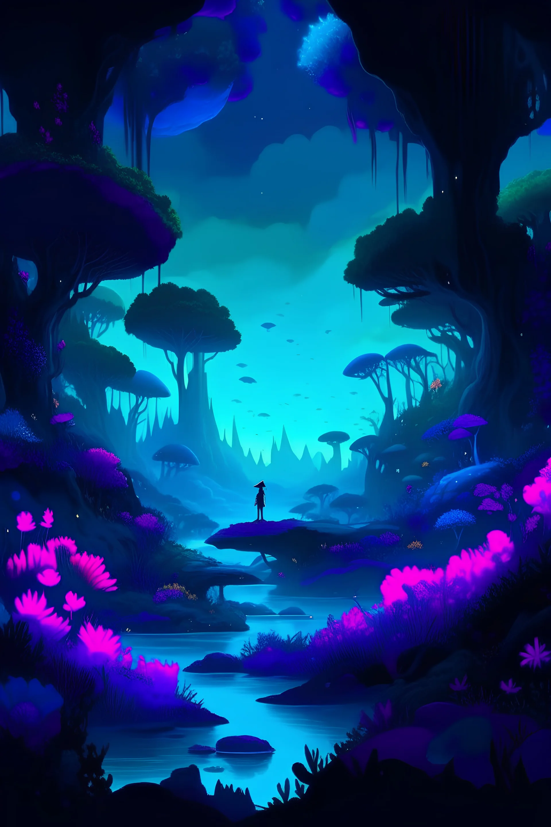 Immerse yourself in a mesmerizing world where reality blurs and vibrant hues dance upon a dark canvas. Picture a breathtaking scene bathed in deep shades of black and blue, creating an otherworldly ambiance. The foreground is adorned with intricate psychedelic shapes, reminiscent of ethereal flora and fauna, their outlines pulsating with a neon glow. As your gaze extends, the landscape morphs into an enigmatic dreamscape. Mystical creatures glide through the air, their iridescent wings leaving t