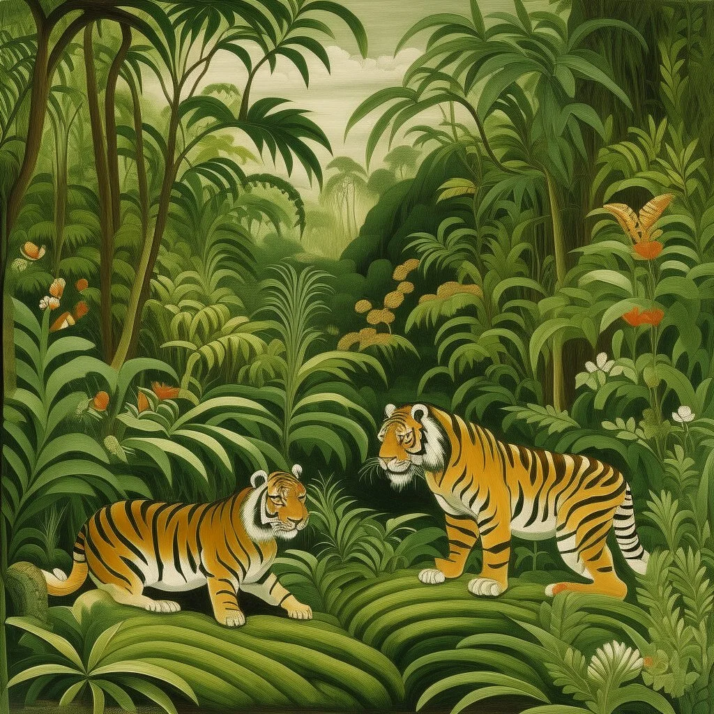 An olive green jungle with tigers painted by Edward Hicks