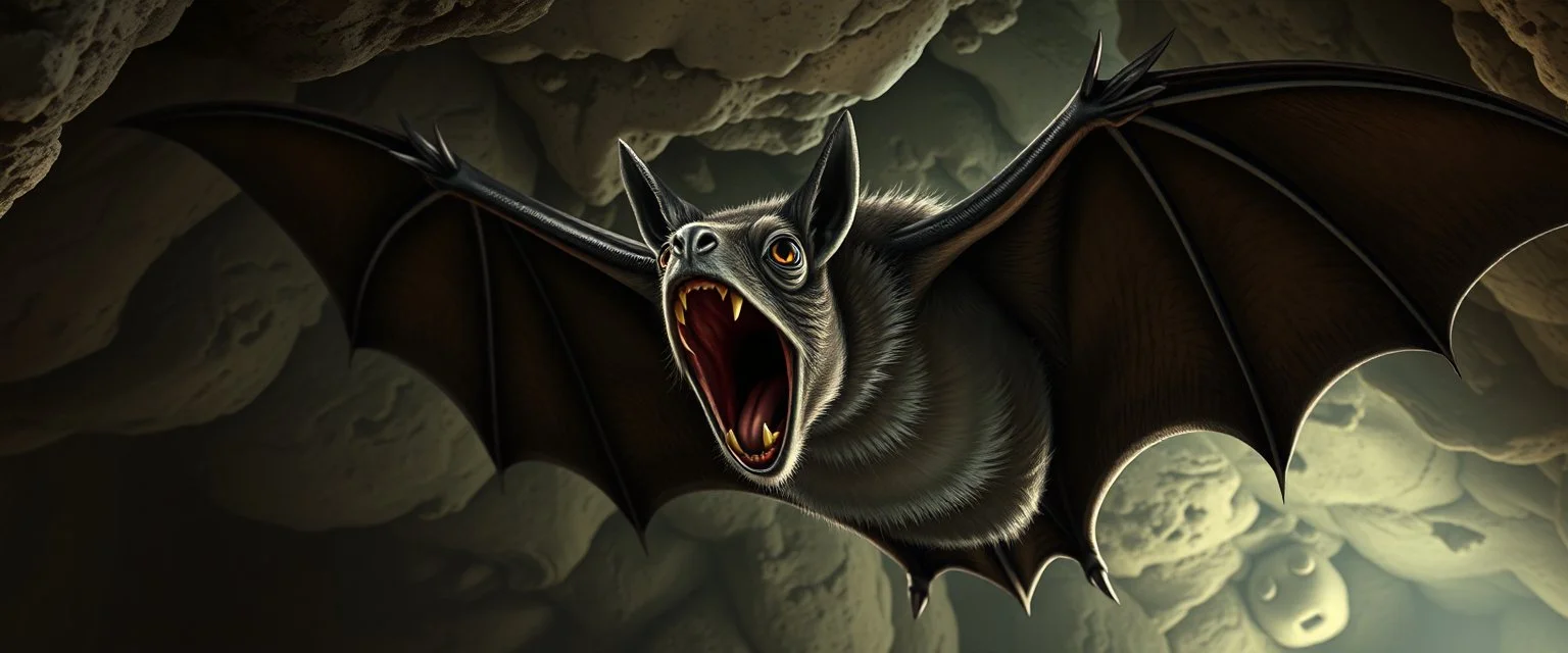 Large bat mid-screech, mouth wide open, exaggerated sound waves, cave ceiling, dramatic lighting, semi-realistic fantasy art with comedic emphasis