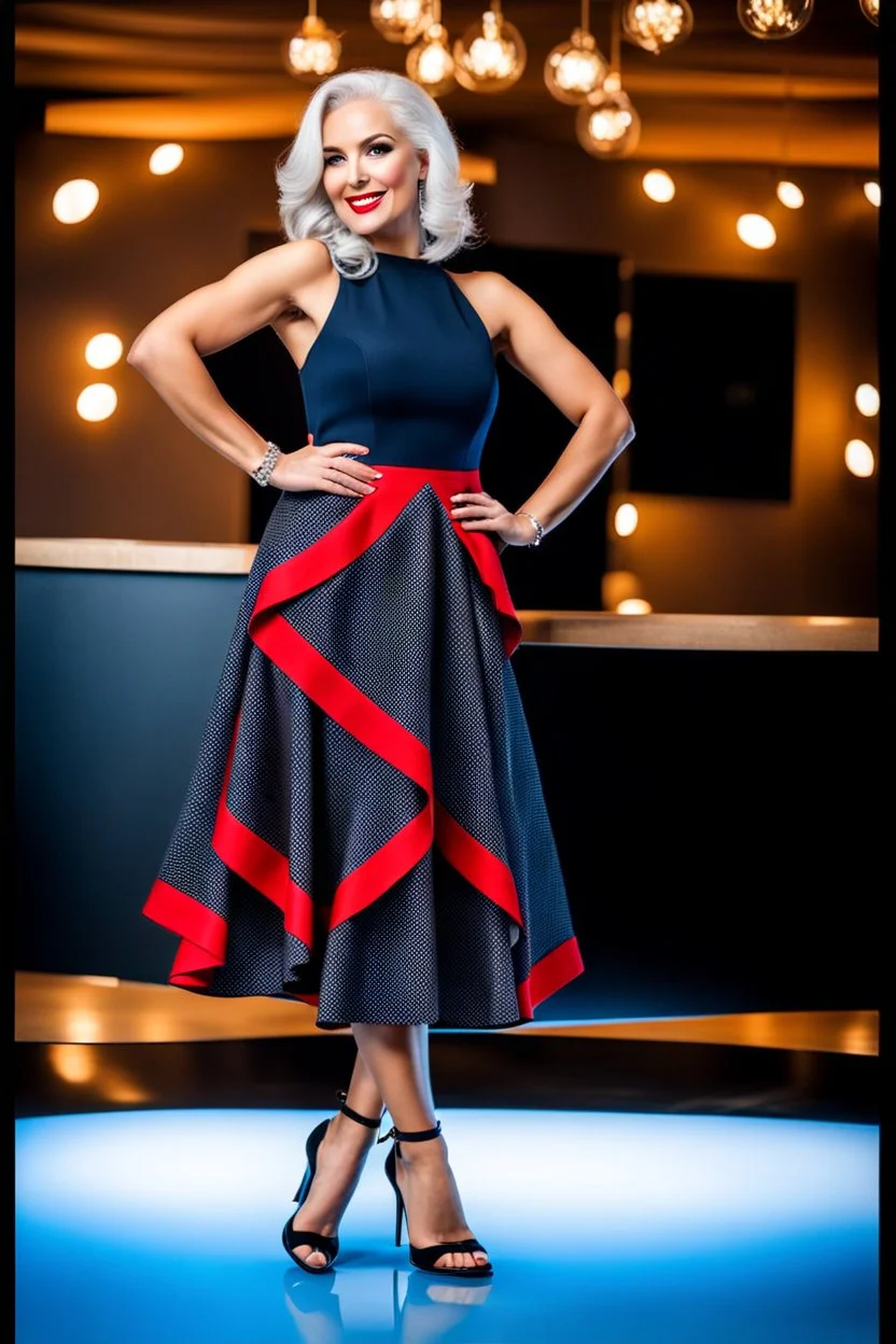 full body of very beautiful ukrain lady wearing blue_black pretty midi flared dress ,white gray hair ,standing idle happy pose in studio