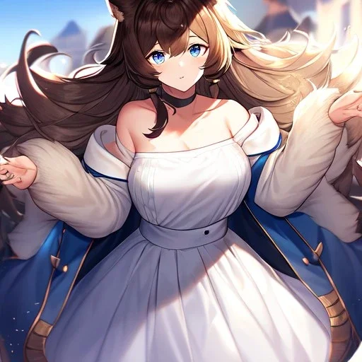 Clear focus, High resolution, Long fluffy brown hair, blue eyes, wearing a white skirt, detailed outfit, wearing a jacket oversized off shoulder, rough line, hair above ears, dog ears, off shoulder white shirt, chopped bangs, parted hair, medium locks straight