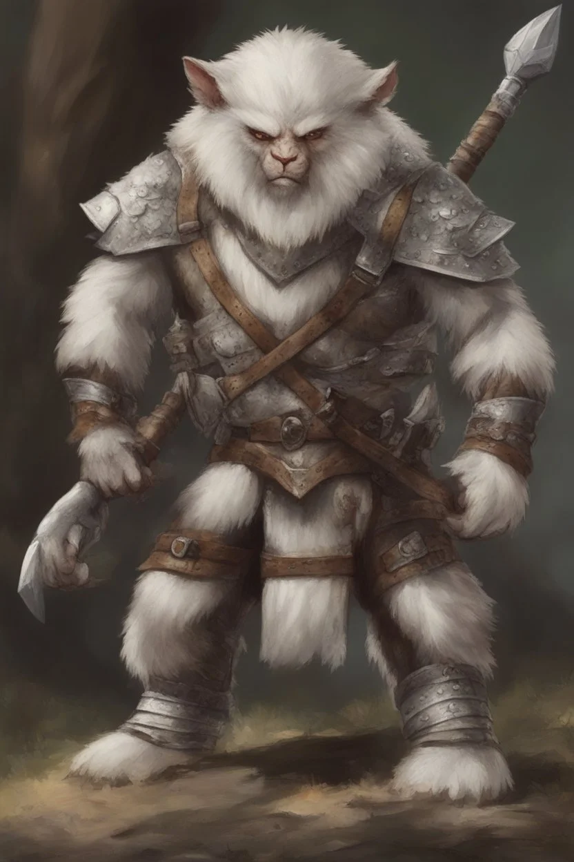 Dnd a young bugbear with WHITE fur and leather armor