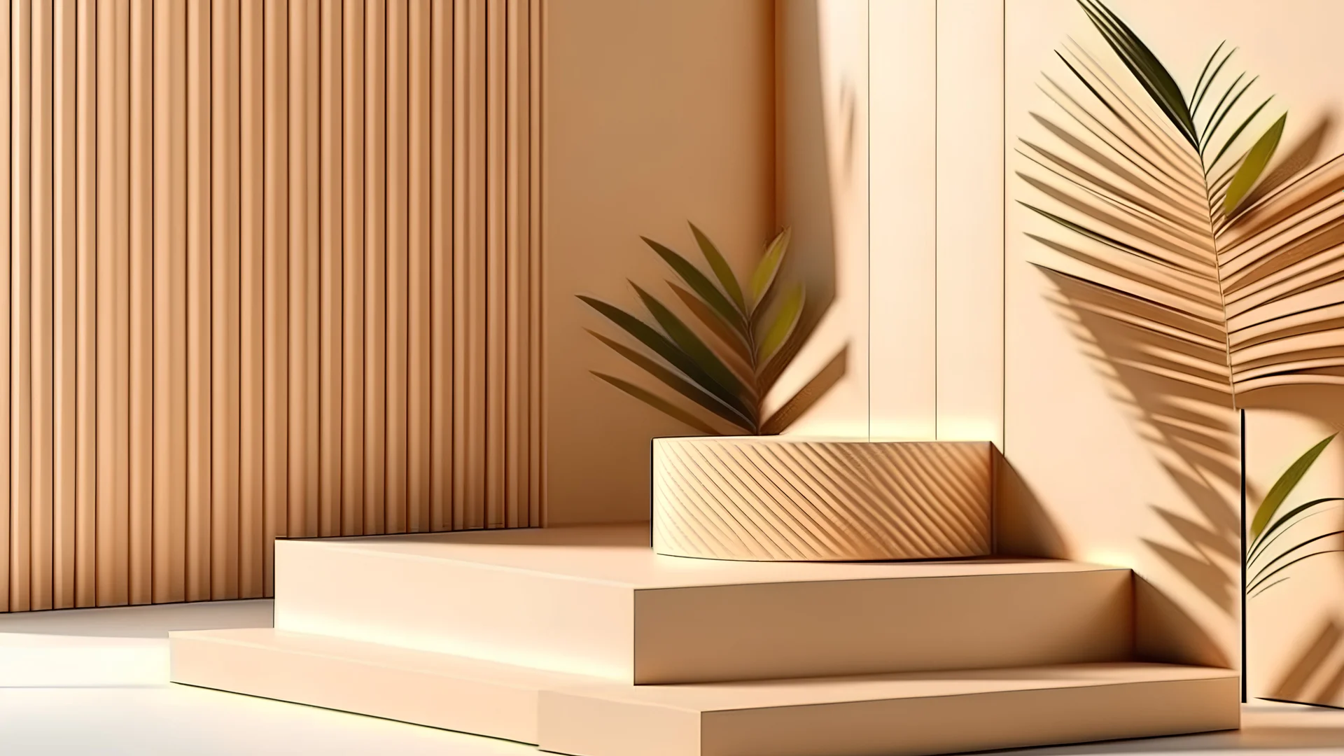 Mockup Step Display For Present Product With Sunshade Plant Shadow On Beige Color Wall Abstract Background 3d Render