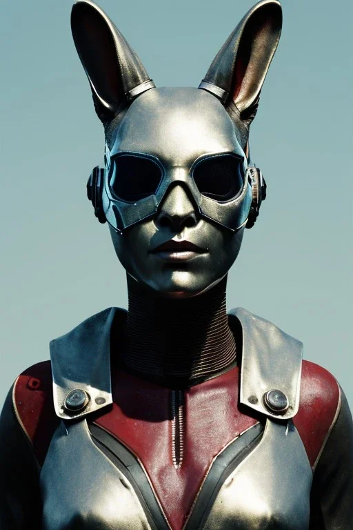 Medium Close Up Portrait, Front image. cyberpunk, rabbit mask, British woman, white short hair. latex, titanium suit. Red, white, platinum, color. Mad max style. Color background, photo studio. Avatar image, highly detailed, concept art, smooth, unreal engine 5, god rays, ray tracing, RTX, lumen lighting, ultra detail, volumetric lighting, 3d, finely drawn, high definition, high resolution.