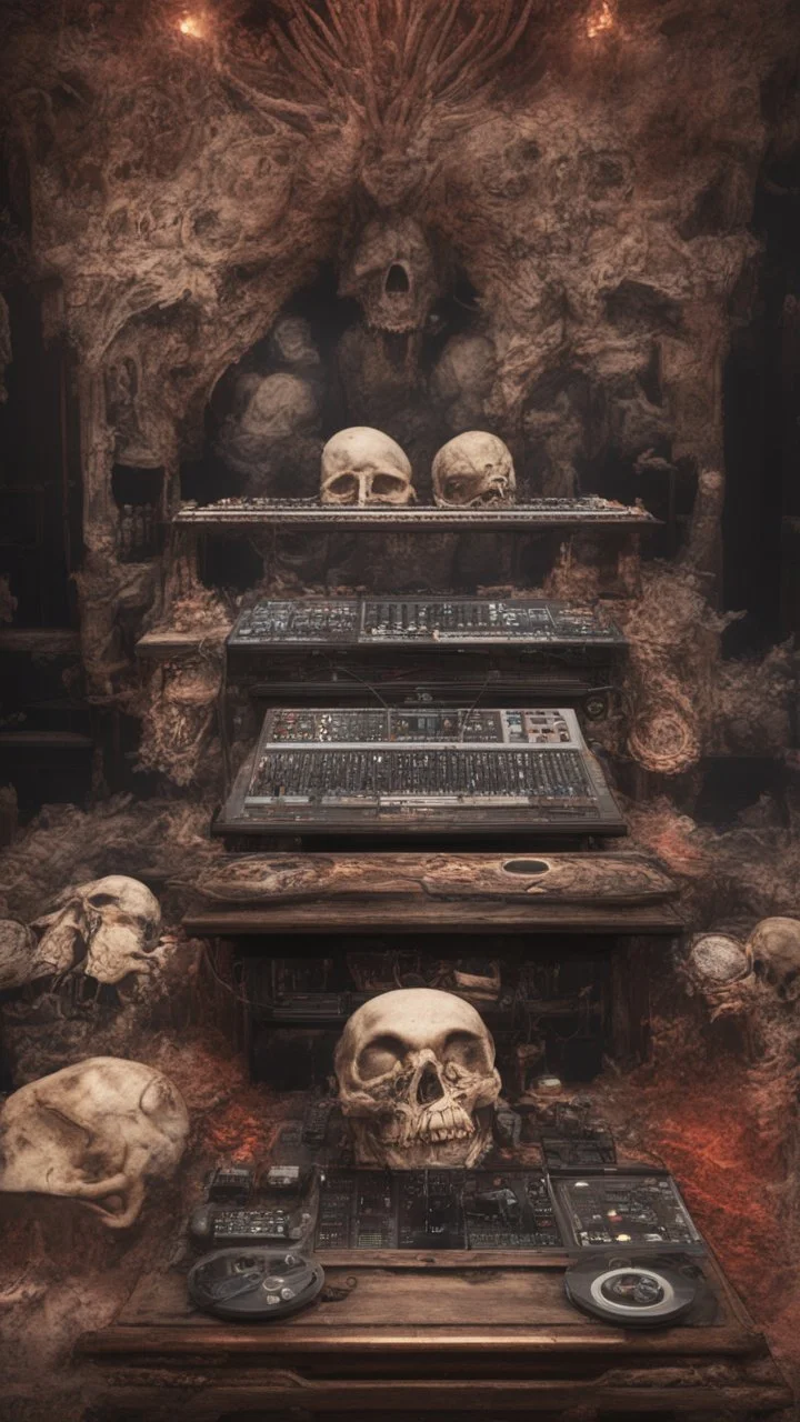 DJ of the damnded, insanely detailed DJ booth in hell, MID set, speakers and equipment made of bone, anatomically correct, add more skulls in th audience, photorealism, vray, 8k 3d https://stablecog.com/generate?o=a67b60e0-edd2-418d-9744-d1d585055d7fv https://stablecog.com/generate?o=93026b00-ac6b-436a-bc57-6aa04073d4a9