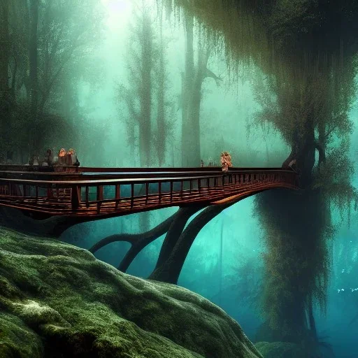 a wood bridge and a forest inside an underwater cave, school of fish, 8k Resolution, Fine-Detail, High-Quality, Intricate, Detailed Matte, 3d Octane Render, Beautiful, Stunning, Brian Froud, Selina French, Howard Lyon, Greg Rutowski, Annie Dittman, Annie Stokes