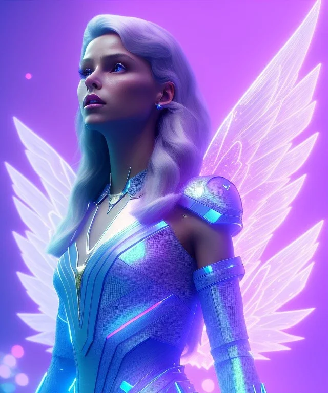 A crystalised queen, atmospheric, realistic, unreal engine, cinematic lighting, octane render. blue, pink, transparency, light, shine,bright, full body, transparent wings, blonde, long hair, nice smile