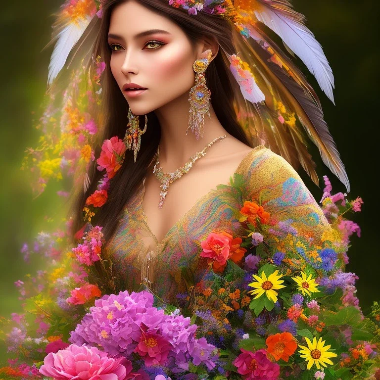 bright native american fairy, beautiful portrait, flowery landscape