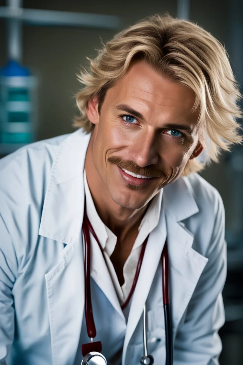 Mid-thirties, Caucasian male doctor, kind smile, messy blonde hair, blonde thick mustache, pale blue eyes, broad shoulders, muscular, six foot, Hawaiian shirt under white lab coat, bloodstains at the edges of the lab coat. Strong Jaw line, surrounded by shadows, photo realistic