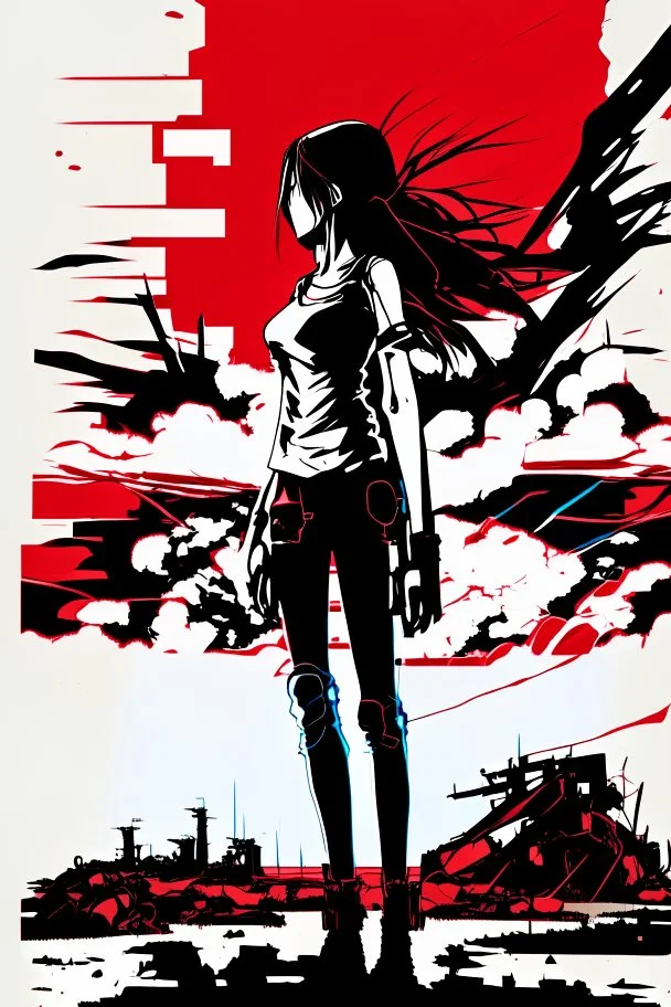 Dark outline line art anime style double exposure of a silhouette of a cyberpunk-inspired woman standing in front of a landscape shot of an active war zone with distant explosions, light black and red long hair, light blue eyes, short red and white tank top, hands on hips, (looking intently at viewer), (viewer from low ground level view with focus on eyes), (double exposure), (inspired by Cyberpunk mixed with Code Geass mixed with Fate: Grand Order), (giant red moon in background), (vibrant colo