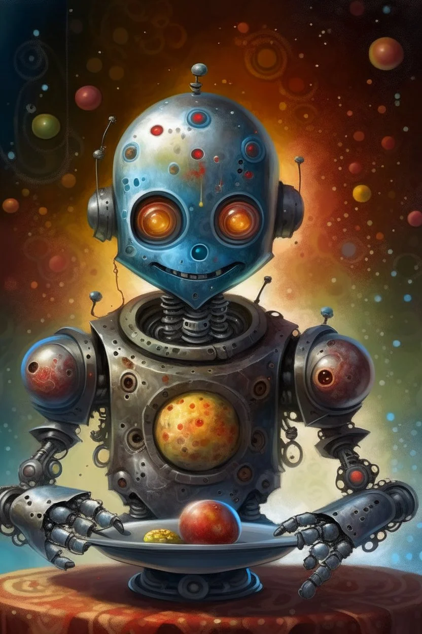 book cover illustration, spotty oil painting portrait of metallic dark faced slightly cute smirking robot vampire holding small earth on a platter, bokeh , high detail, smooth render, prize winning