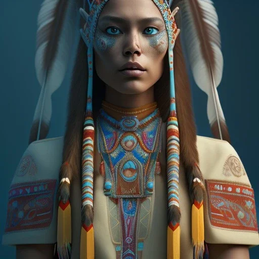 war painted pueblo Indian female, dark, disturbed expression.intricate detailethnically accurate face, intricate head dress, detailed make-up, detailed turquoise jewelry, detailed hair, detailed feathers, use dynamic palette, accurate proportions, high contrast.studio ghibli,andrea bonelli,Kilian Eng,Ohrai, korra character, style.