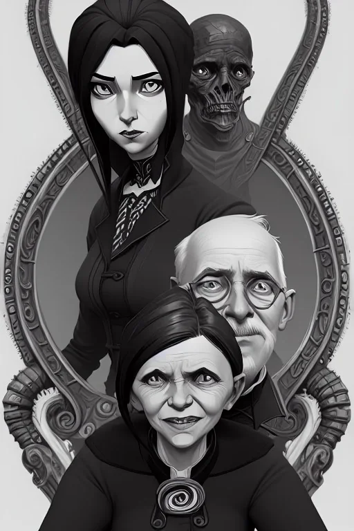 black and white old victorian couple portrait, woman sitting, tentacles, lovecraftian style