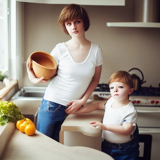 Realistic photo Russian shorthair beautiful tomboy boyish boylike young mother wide hips in kitchen