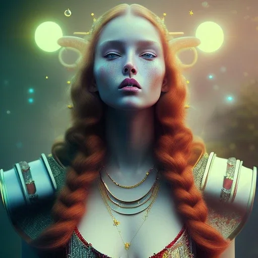 best quality similar to original picture, realistic lighting, masterpiece portrait of a beautiful flawless zodiac witch in in the cosmic world, details, red hair, hazel brown eyes, light dusting of freckles, cowboy shot from above, simple chain hauberk, warhammerVector art matte painting digital