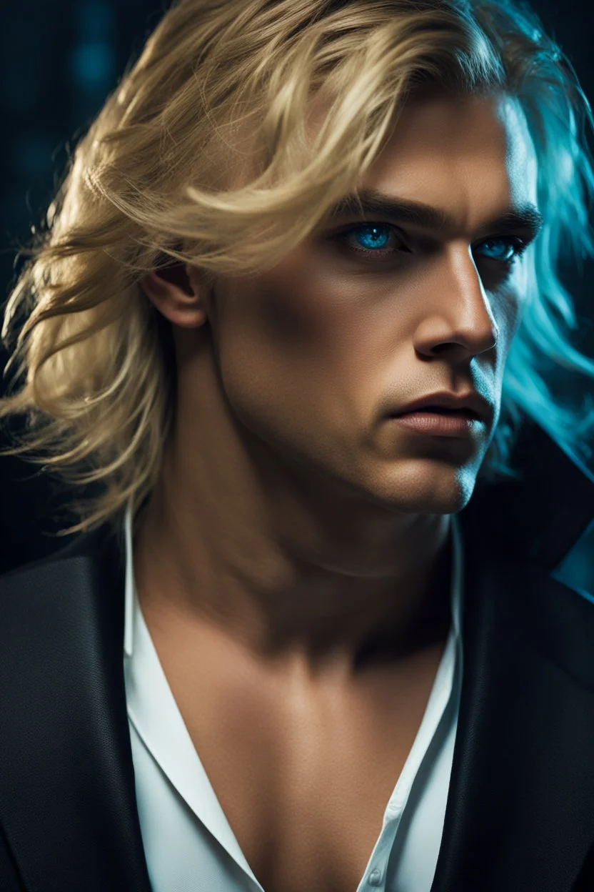 portrait of an evil stunningly handsome male aged 25, muscular, long blonde hair, blue eyes, wearing a dark suit, angry expression,4k, modern fantasy