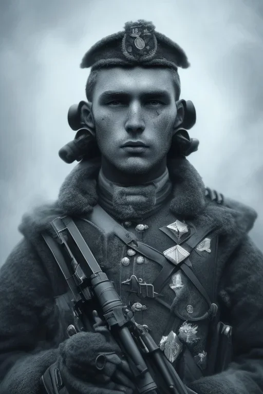 All black German soldier, head made out of white smoke, dark, rage, sorrow, high definition, ultra 8 k, volumetric lighting, blue fire, fog