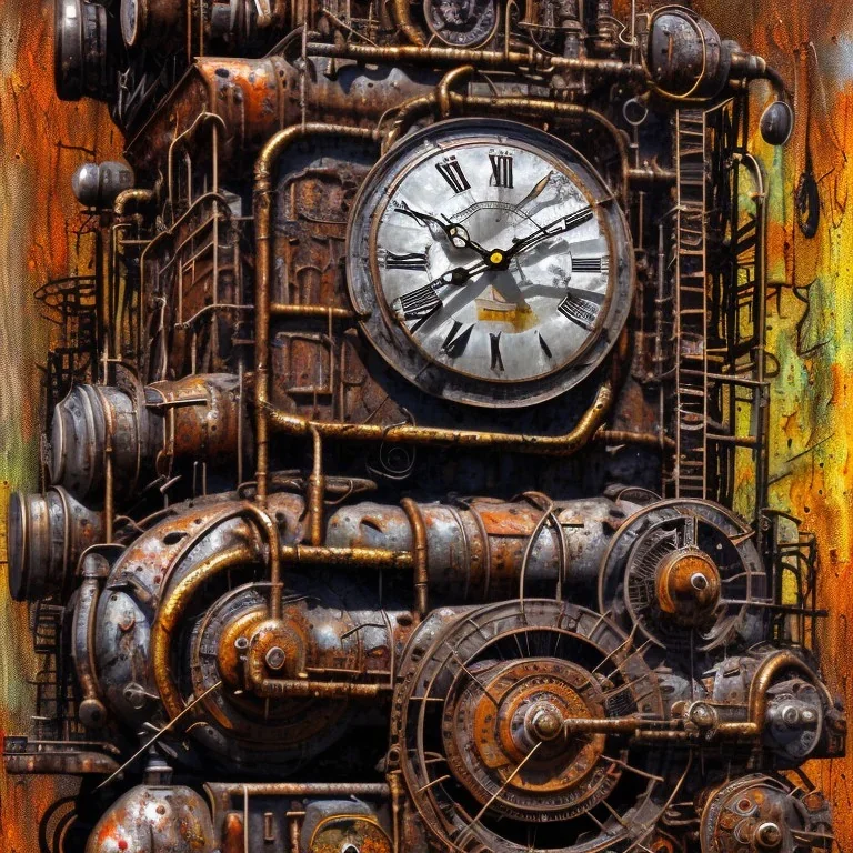 an abstract painting of an old locomotive, rust, scaffolding, iron cladding, decay, mixed media, textured, anatomically correct, melted clock, highly detailed