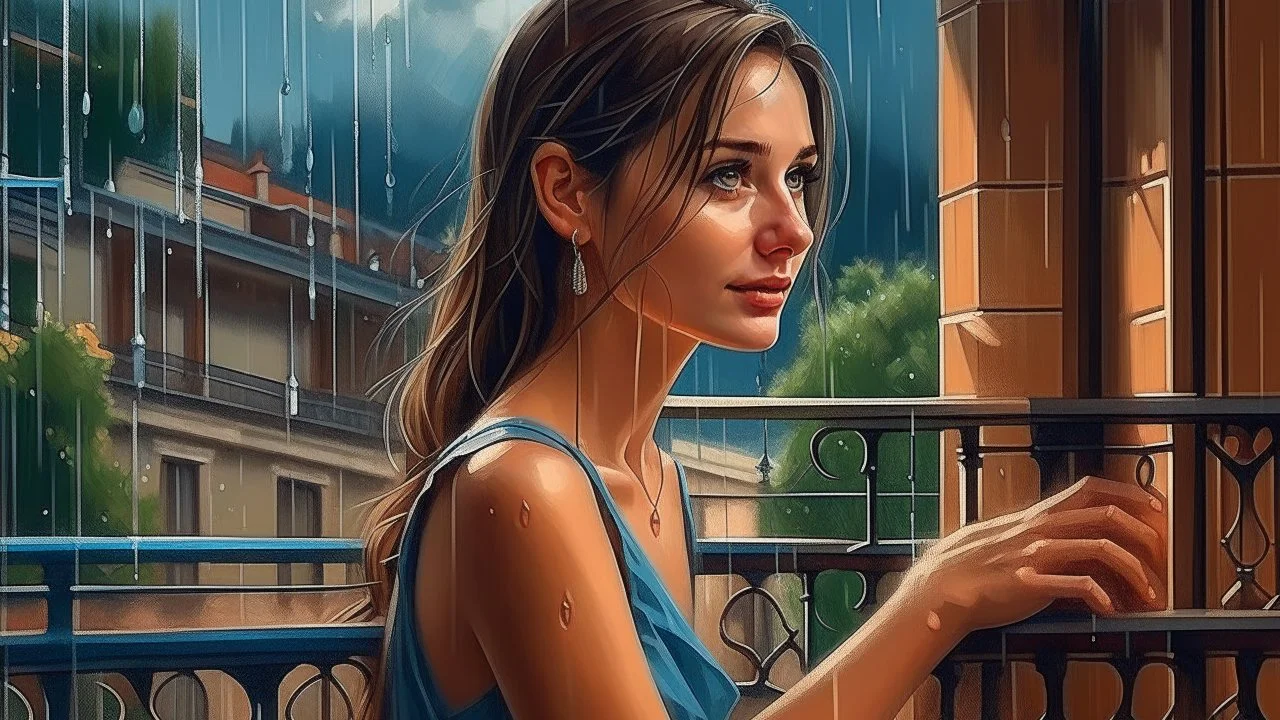 Draw a portrait of a beautiful woman on the balcony, rain