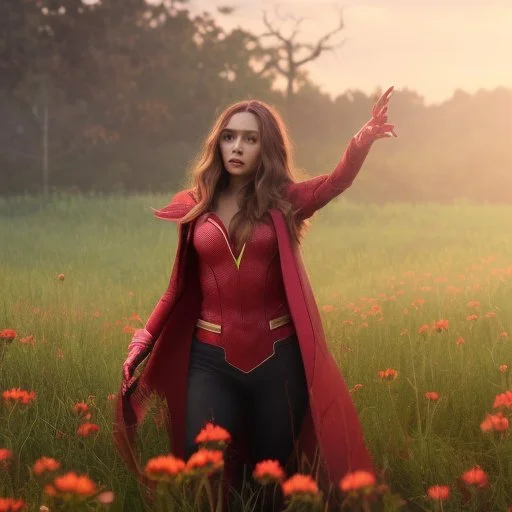 Feiticeira escarlate, Elizabeth Olsen, feiticeira, magia, bonita, cenário em um campo de flores, cinematográfico, dramático, por do sol, campo de flores, cores frias